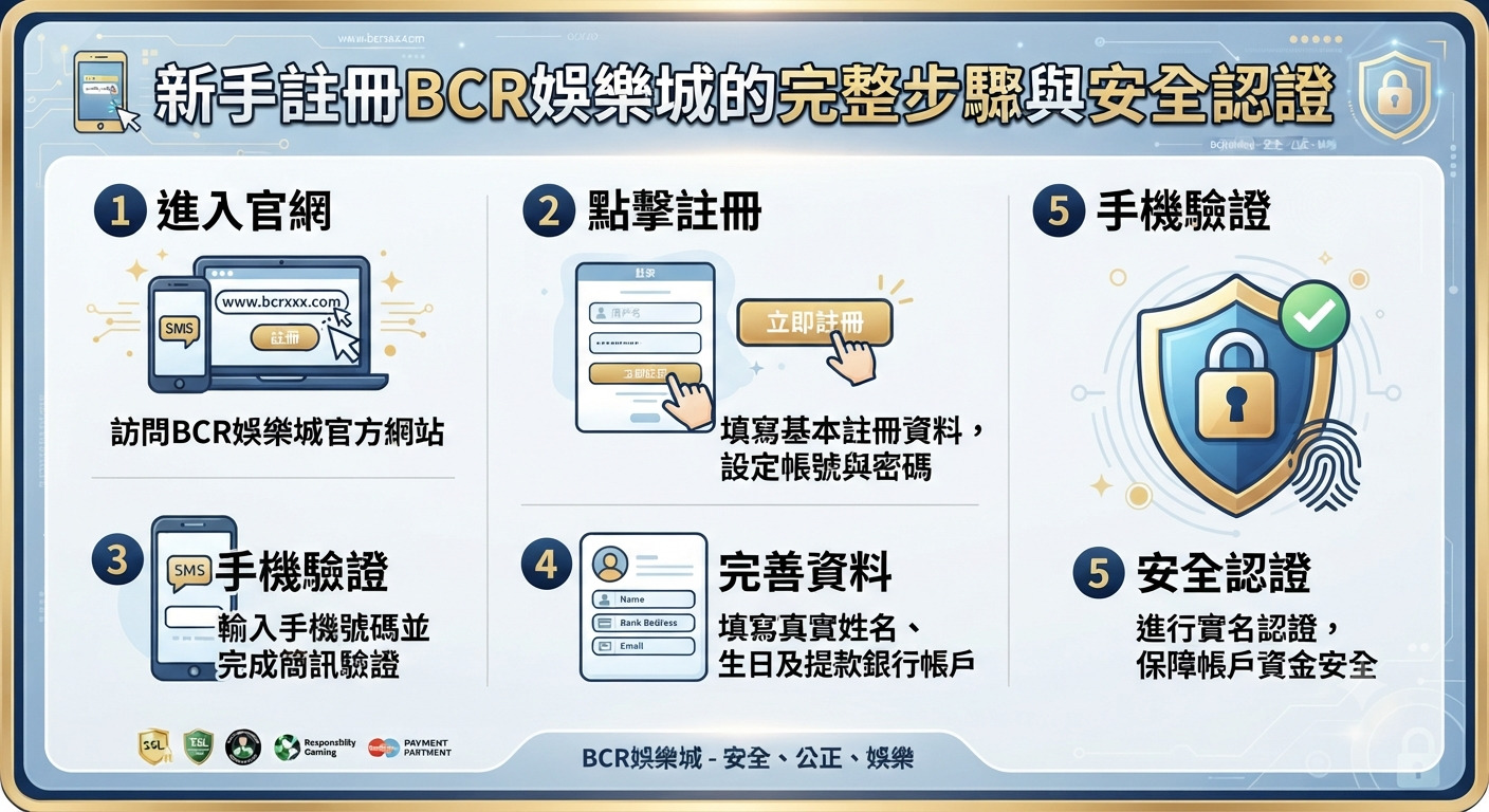 這張圖片展示了新手註冊BCR娛樂城的完整步驟與安全認證指南。 畫面採用清晰的圖文排版,並搭配防偽標識與盾牌圖示強調賬戶安全性。